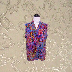 No brand size L Blusa tunic blue multicolor sleeveless shawl collar